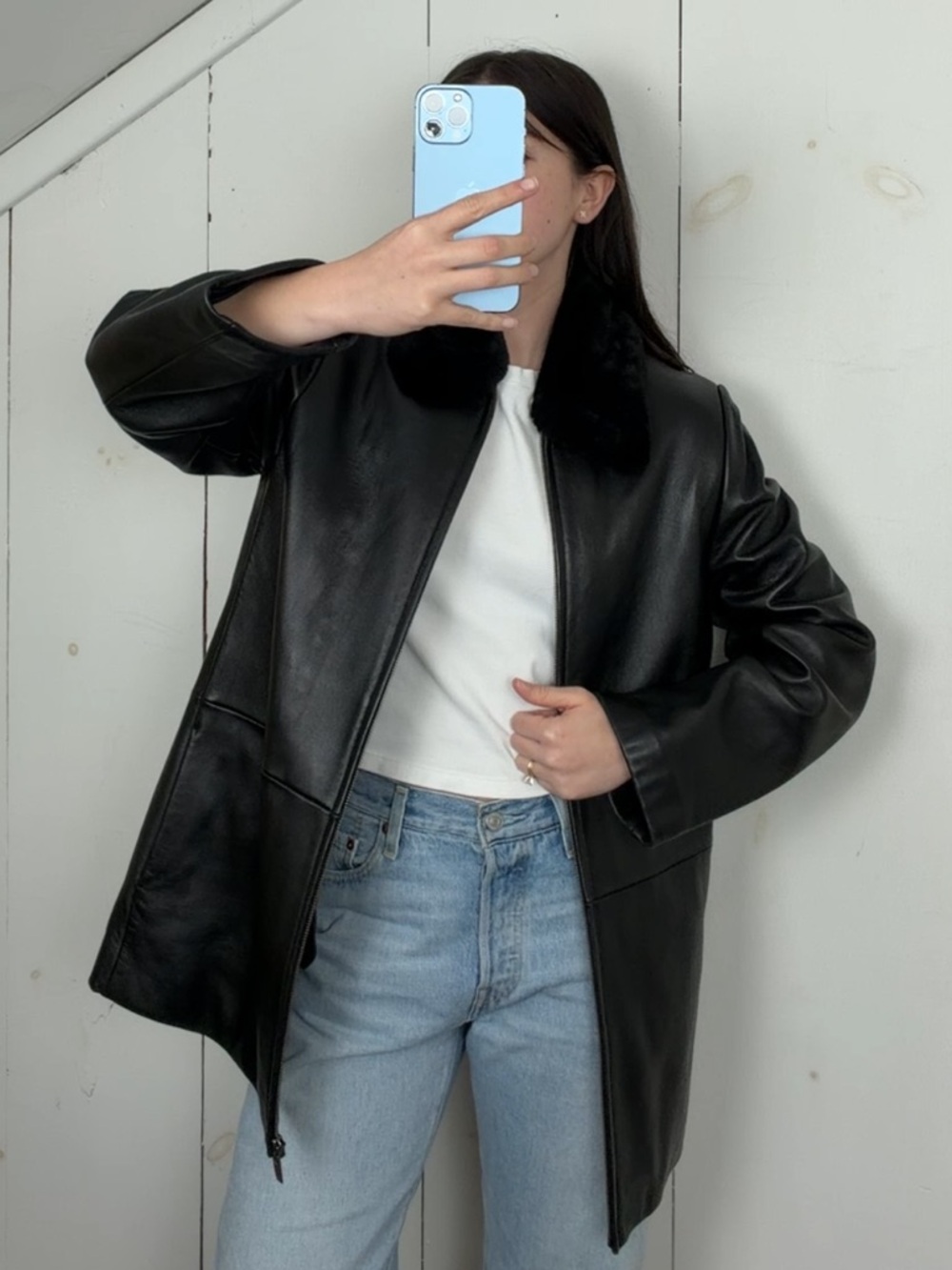 Liz Claiborne Black Leather Full Zip Jacket Women’s M Removable Faux Fur Collar